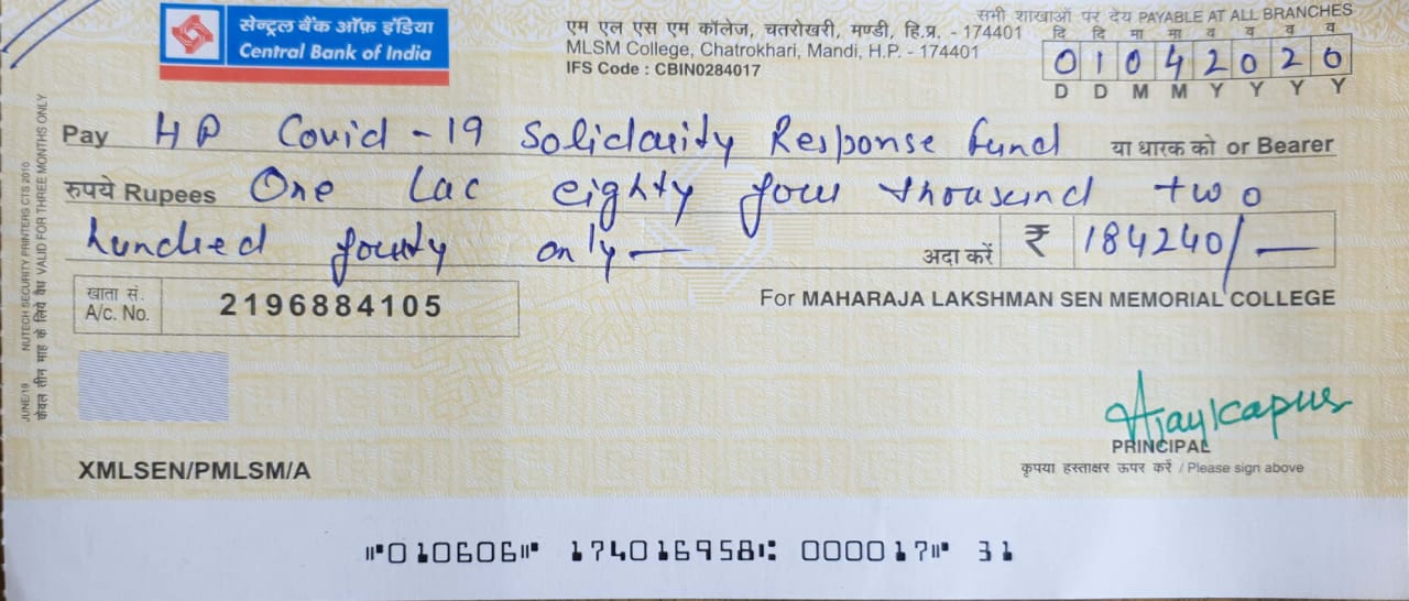 MLSM College Sundernagar staff contributed RS. 184240/- to HP COVID-19 Solidarity Response Fund